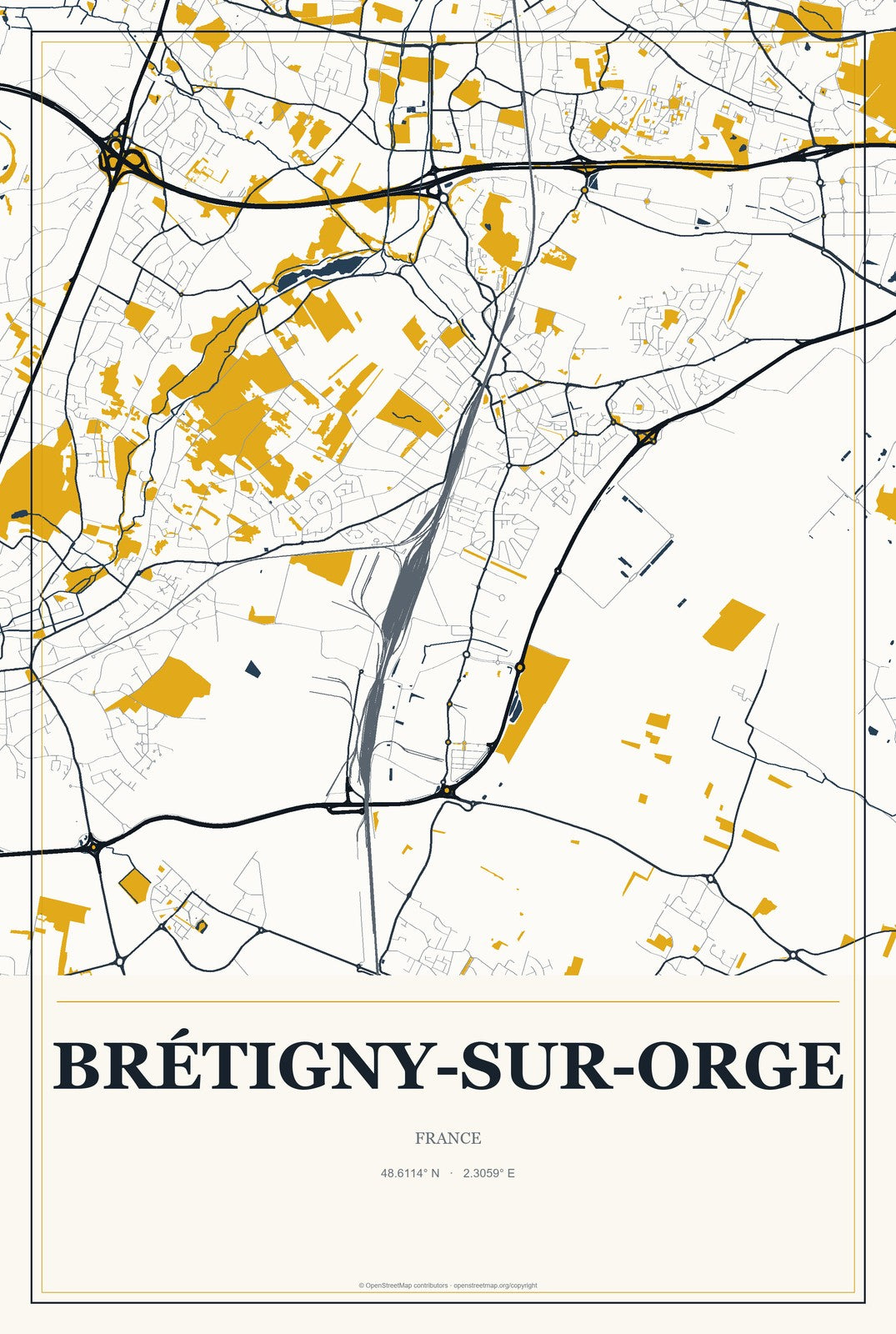 Brétigny-sur-Orge, France City Map Aluminum Sign in Citrine Modern style