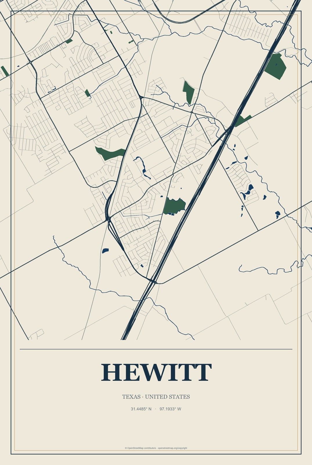 Hewitt, Texas City Map Aluminum Sign in Coastal Cutout style