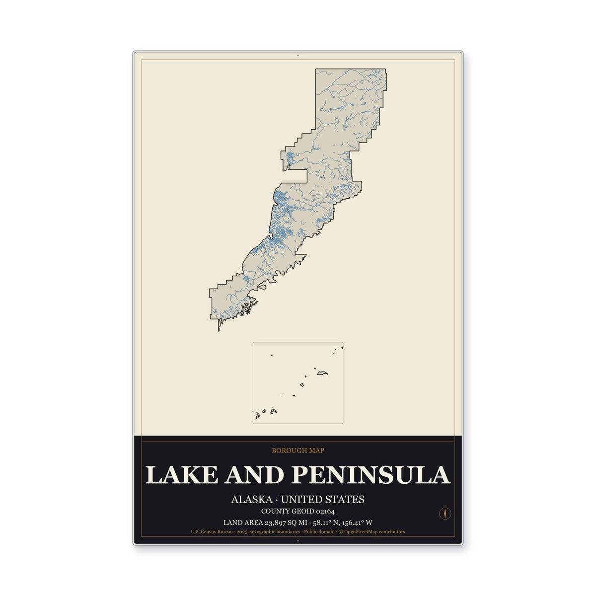 Lake and Peninsula Borough, Alaska Map Aluminum Sign in Museum Plaque style