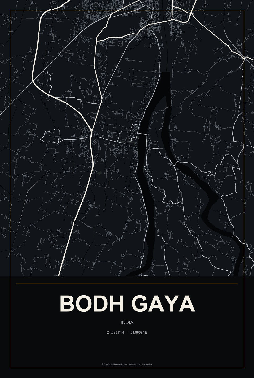 Bodh Gaya, India City Map Aluminum Sign in Metropolitan Noir style