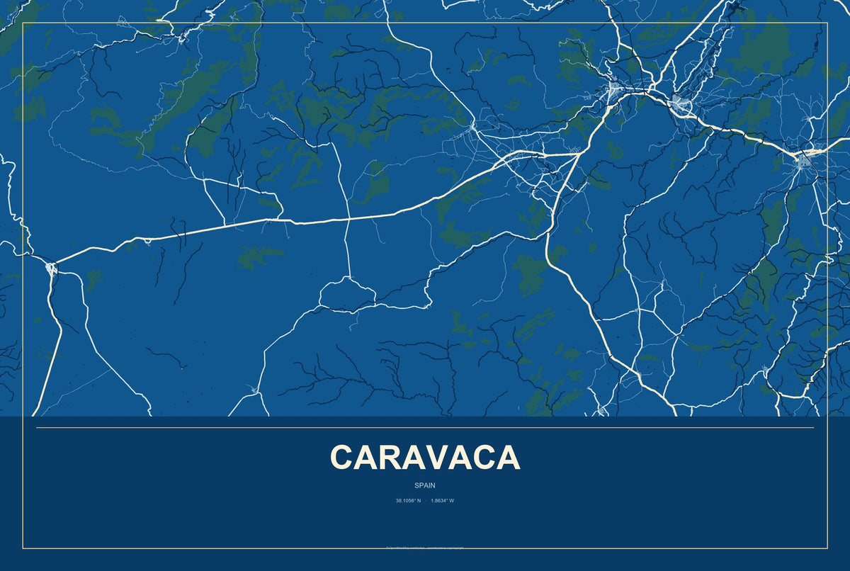 Caravaca, Spain City Map Aluminum Sign in Harbor Cobalt style