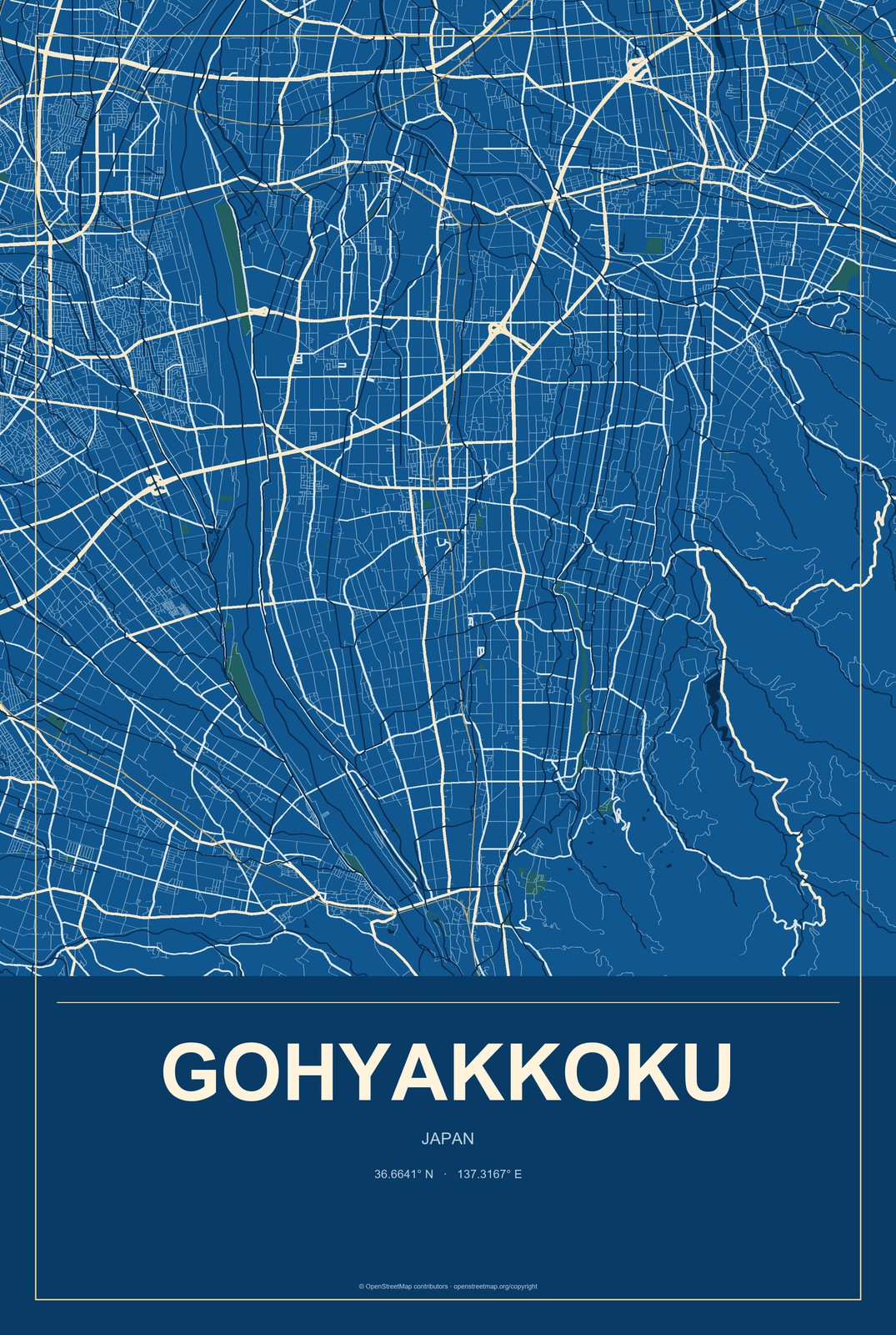 Gohyakkoku, Japan City Map Aluminum Sign in Harbor Cobalt style