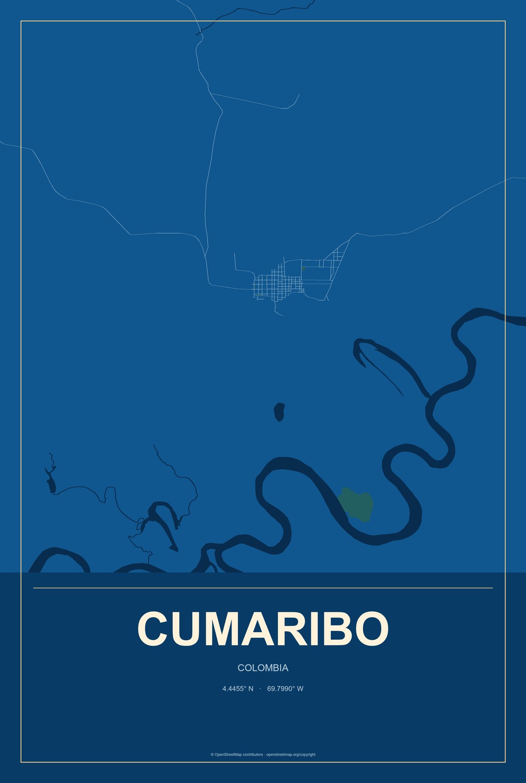 Cumaribo, Colombia City Map Aluminum Sign in Harbor Cobalt style