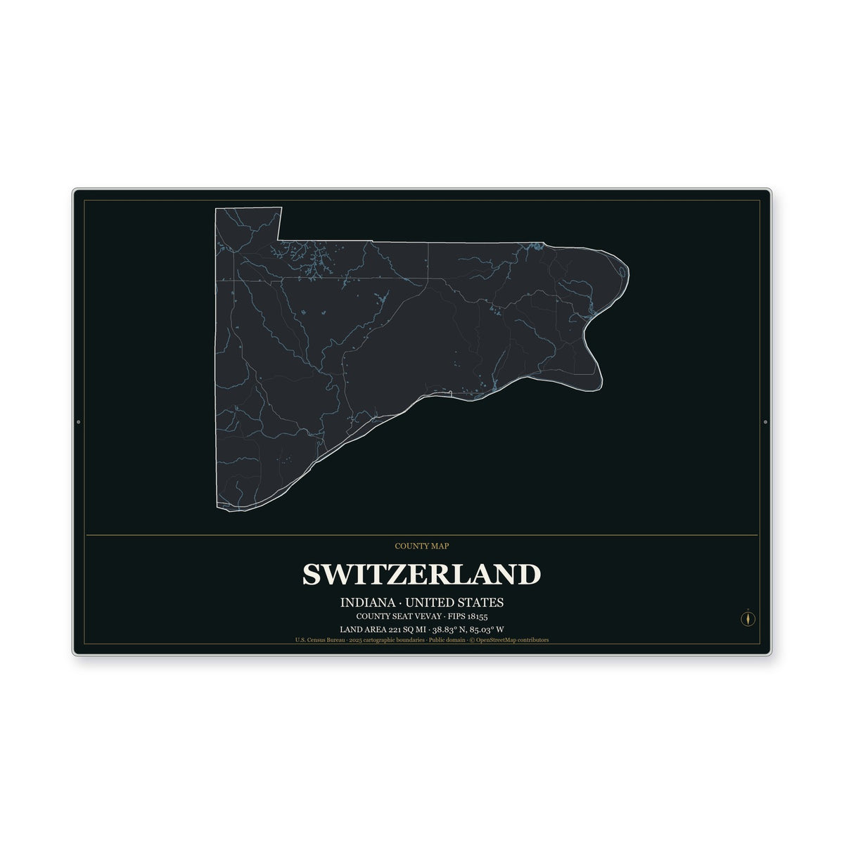 Switzerland County, Indiana Map Aluminum Sign in Metropolitan Noir style