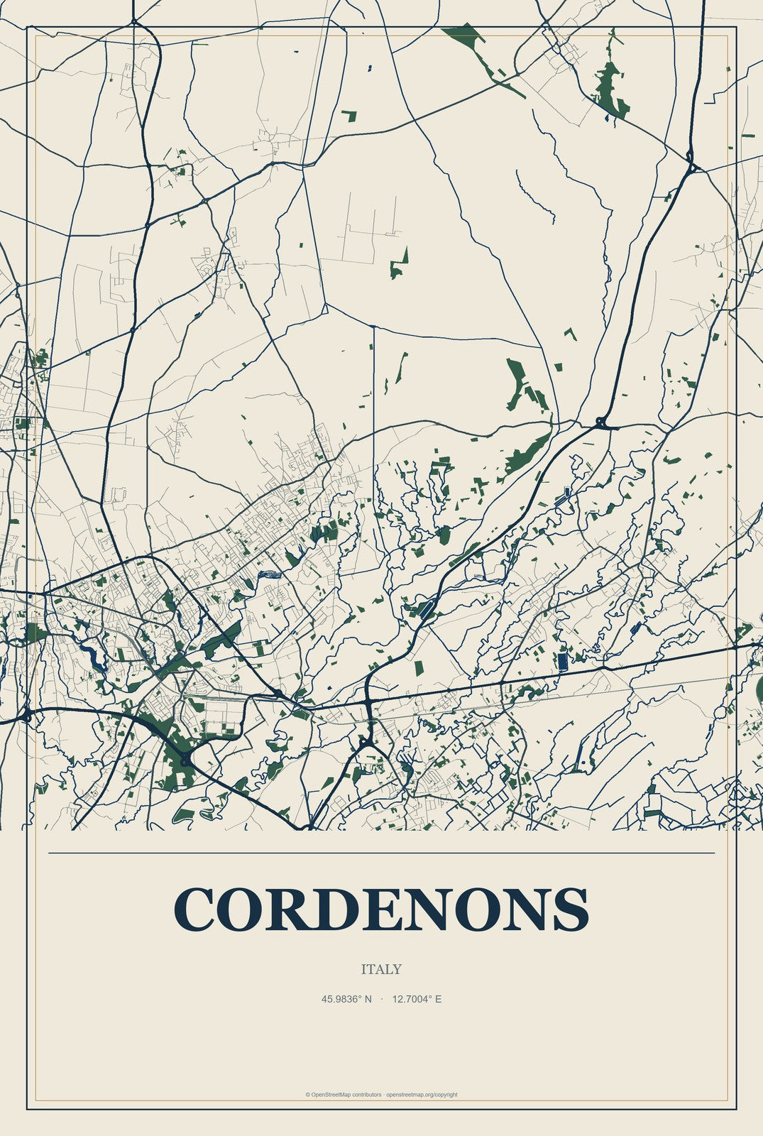 Cordenons, Italy City Map Aluminum Sign in Coastal Cutout style