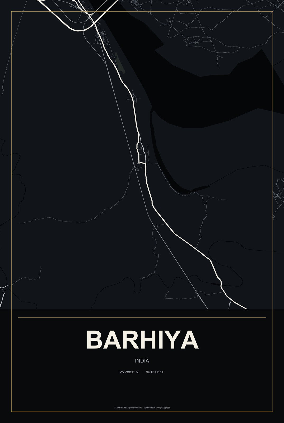 Barhiya, India City Map Aluminum Sign in Metropolitan Noir style