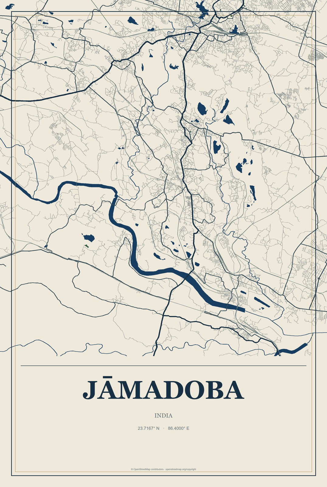 Jāmadoba, India City Map Aluminum Sign in Coastal Cutout style