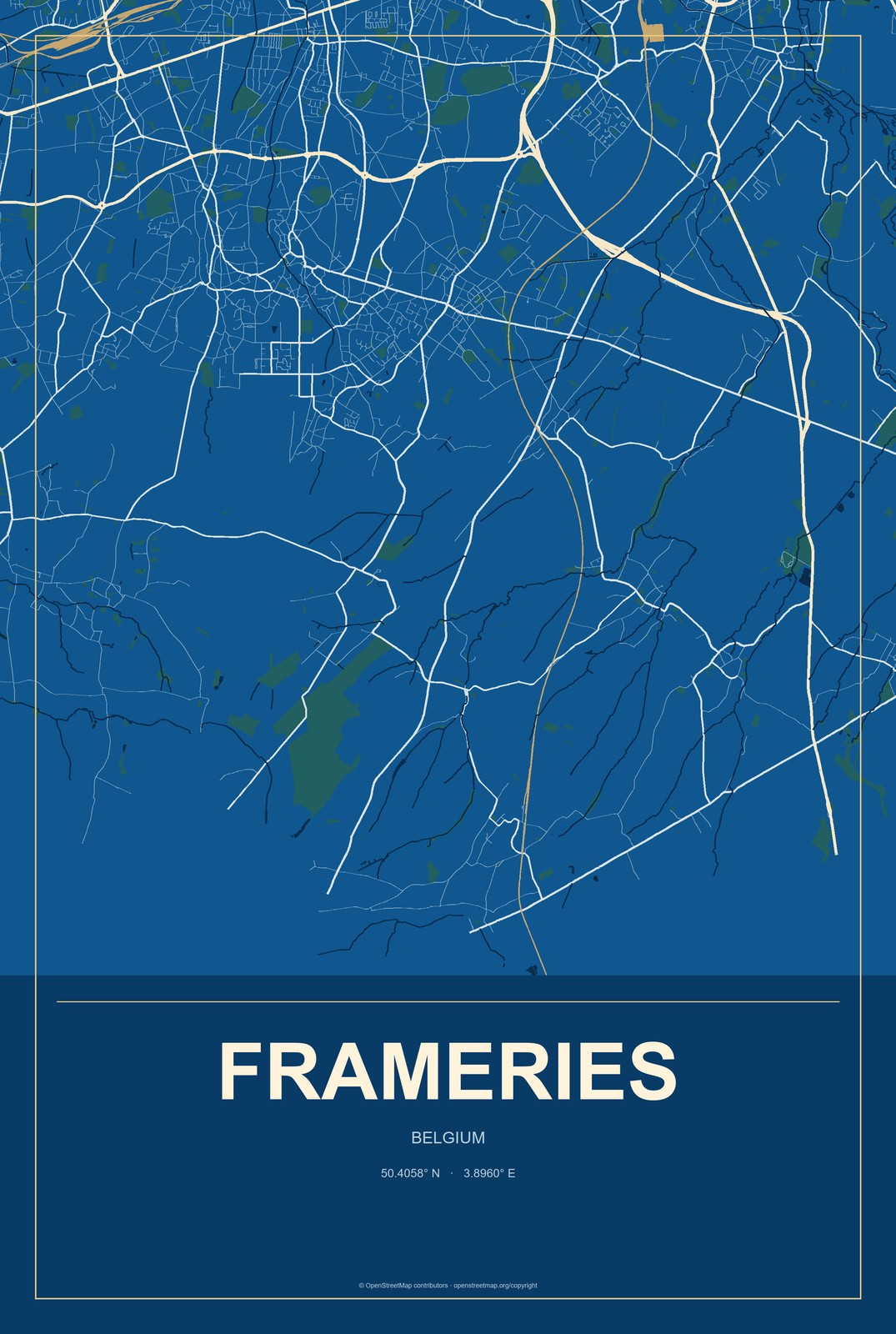 Frameries, Belgium City Map Aluminum Sign in Harbor Cobalt style