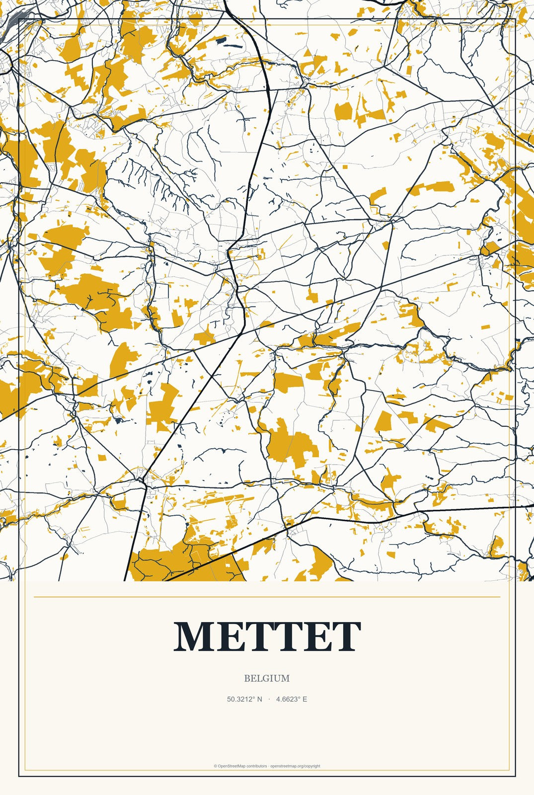 Mettet, Belgium City Map Aluminum Sign in Citrine Modern style