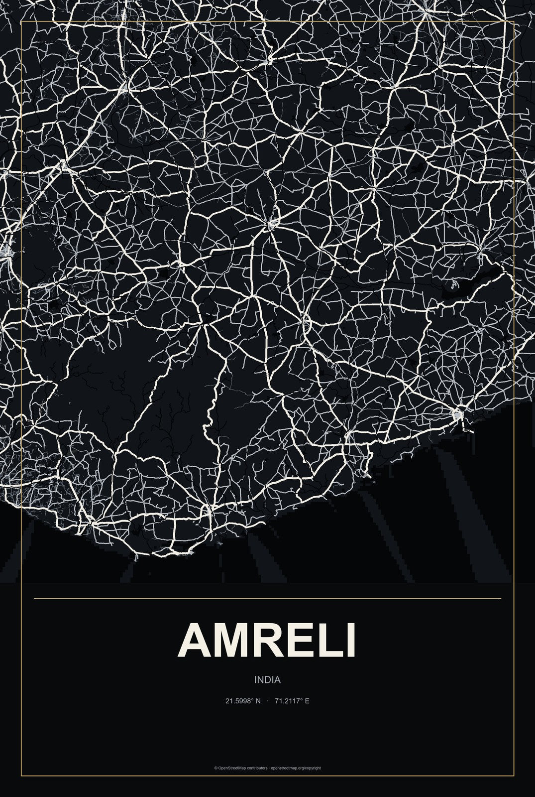 Amreli, India City Map Aluminum Sign in Metropolitan Noir style