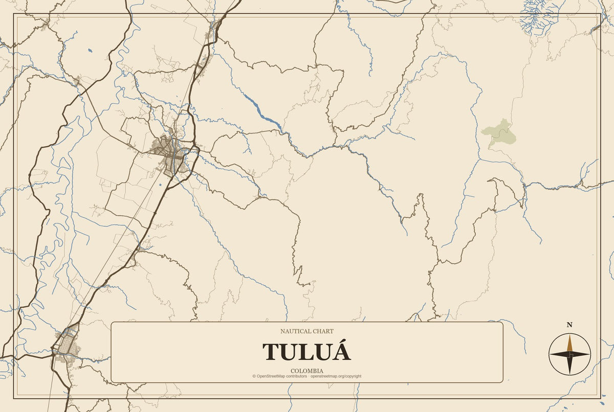 Tuluá, Colombia City Map Aluminum Sign in Heritage Nautical style