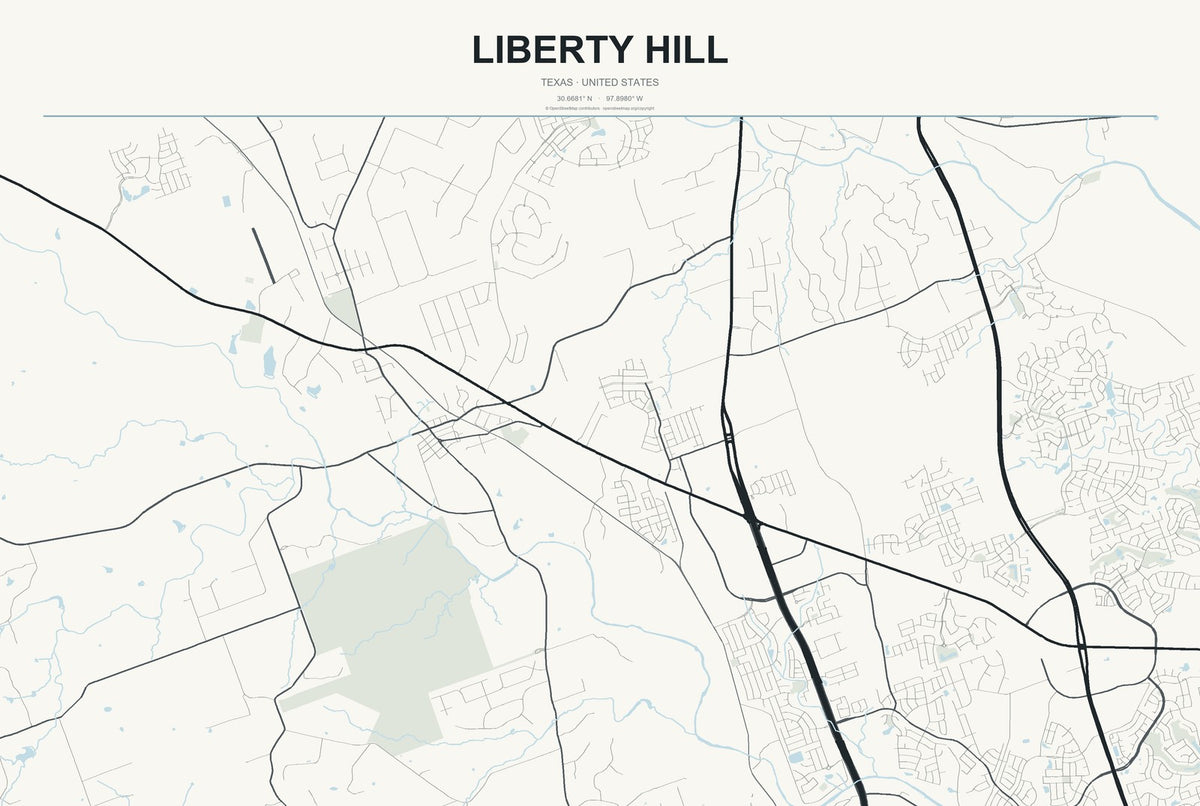 Liberty Hill, Texas City Map Aluminum Sign in Headline Atlas style