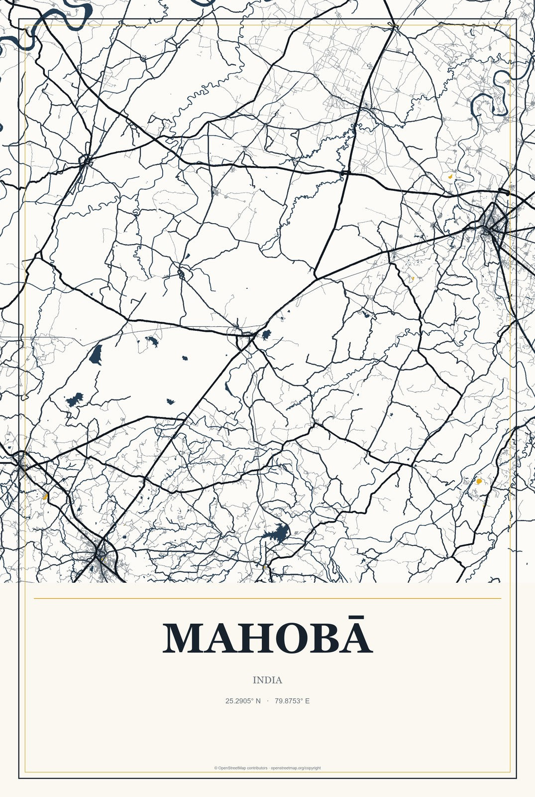 Mahobā, India City Map Aluminum Sign in Citrine Modern style