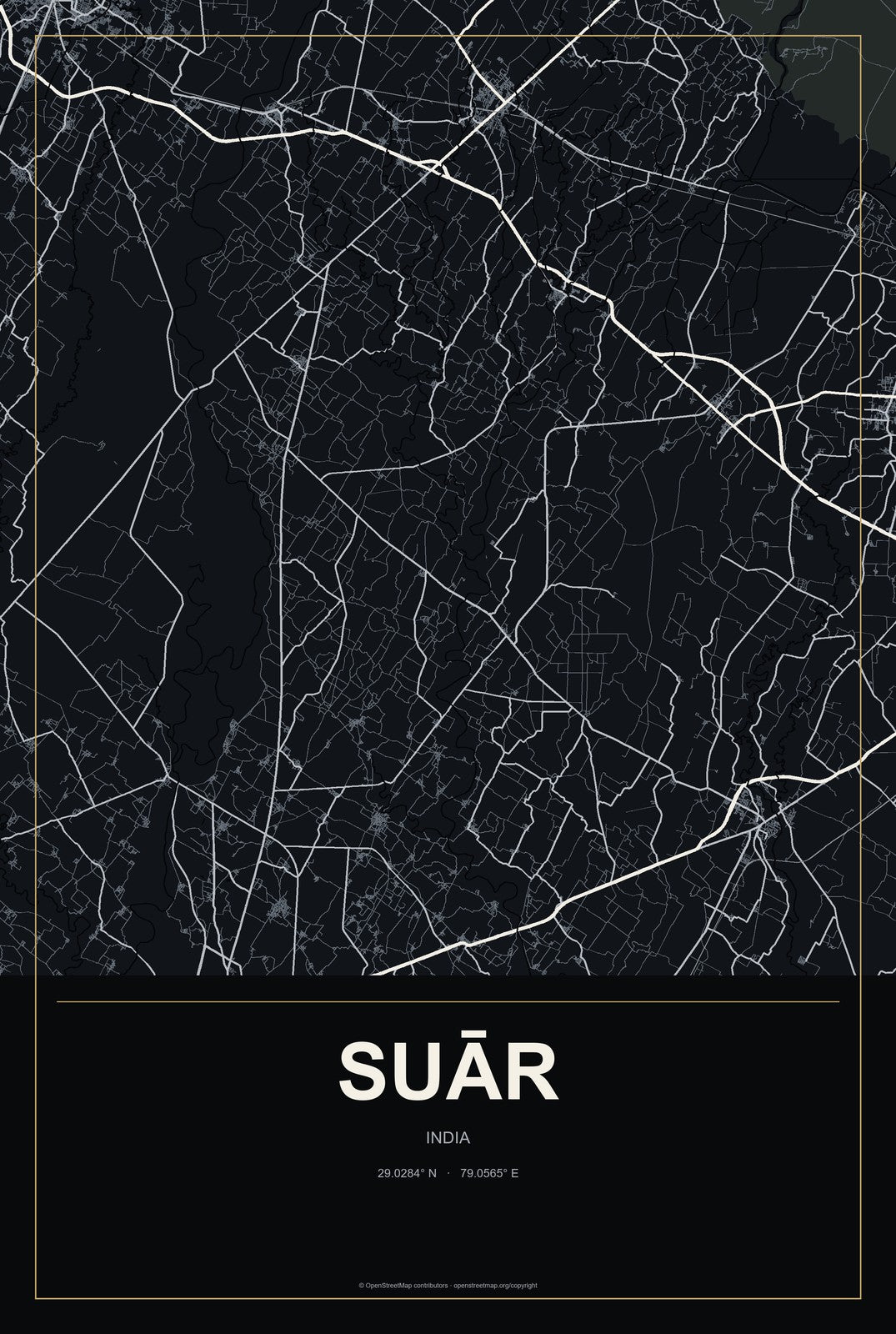 Suār, India City Map Aluminum Sign in Metropolitan Noir style
