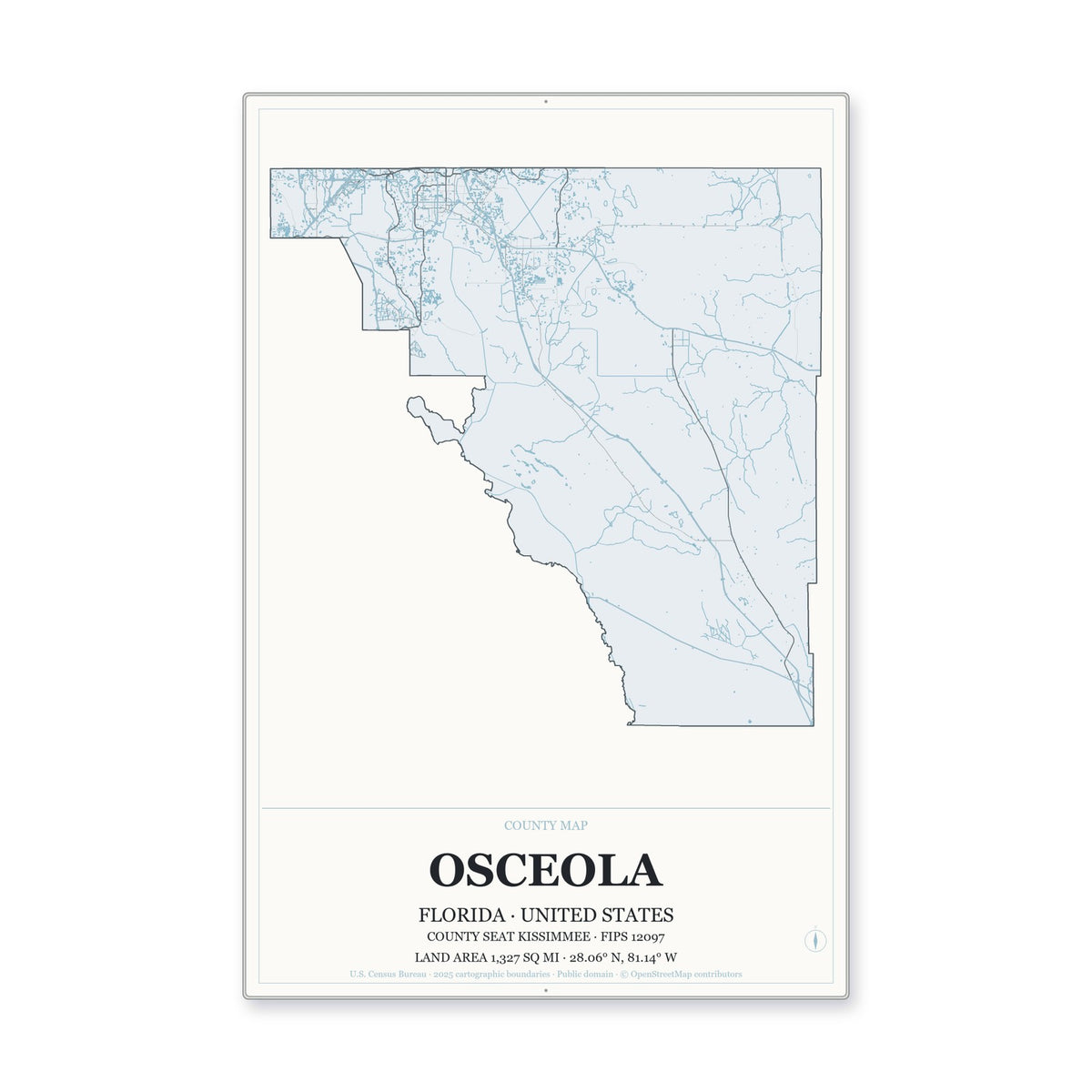 Osceola County, Florida Map Aluminum Sign in Gallery Air style