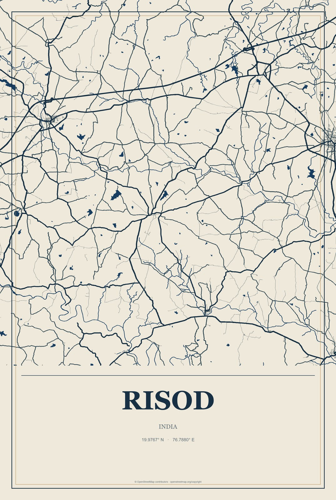 Risod, India City Map Aluminum Sign in Coastal Cutout style