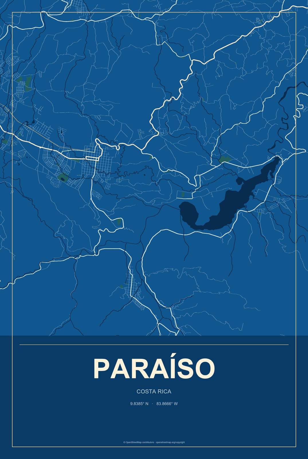 Paraíso, Costa Rica City Map Aluminum Sign in Harbor Cobalt style