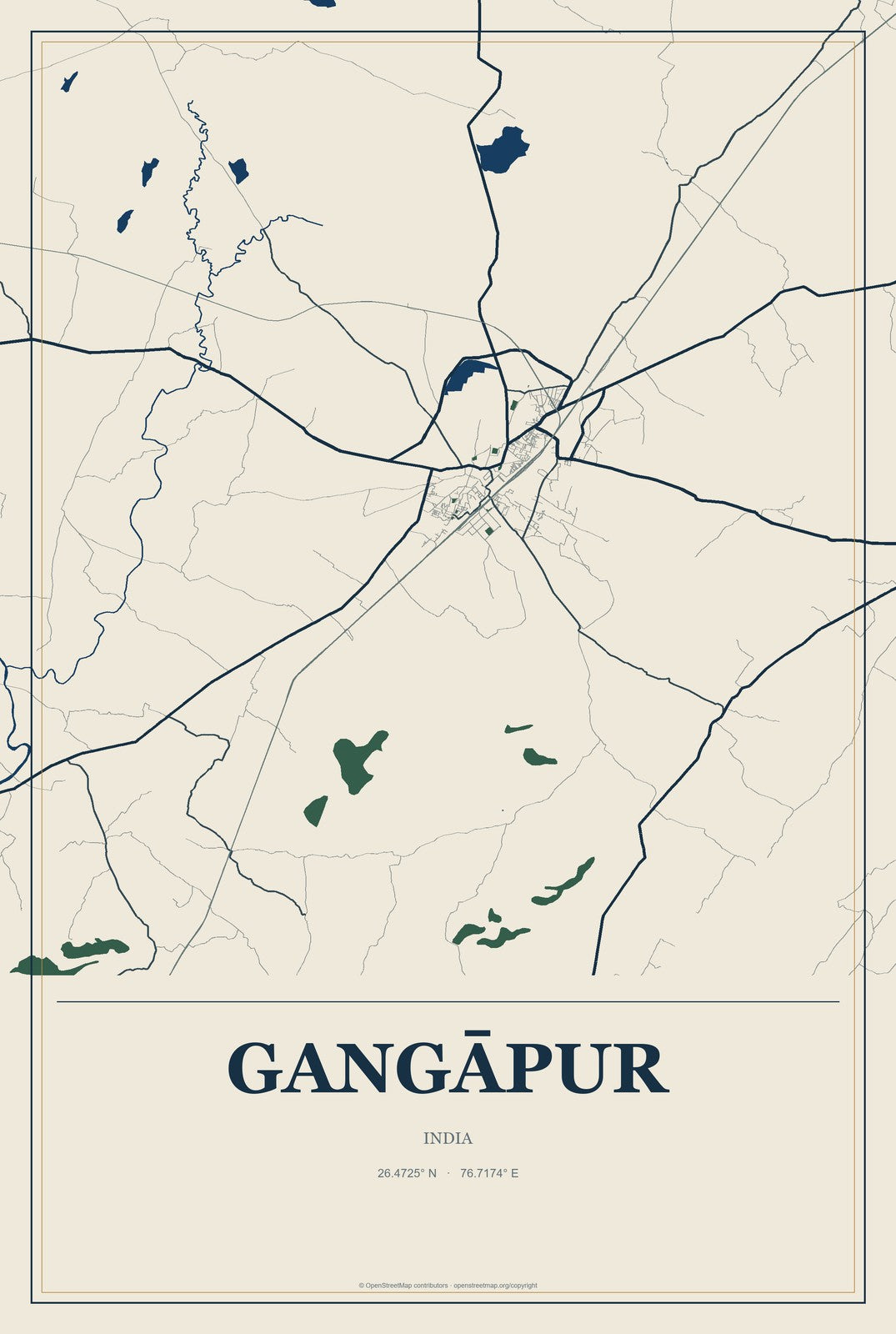 Gangāpur, Rajasthan, India City Map Aluminum Sign in Coastal Cutout style