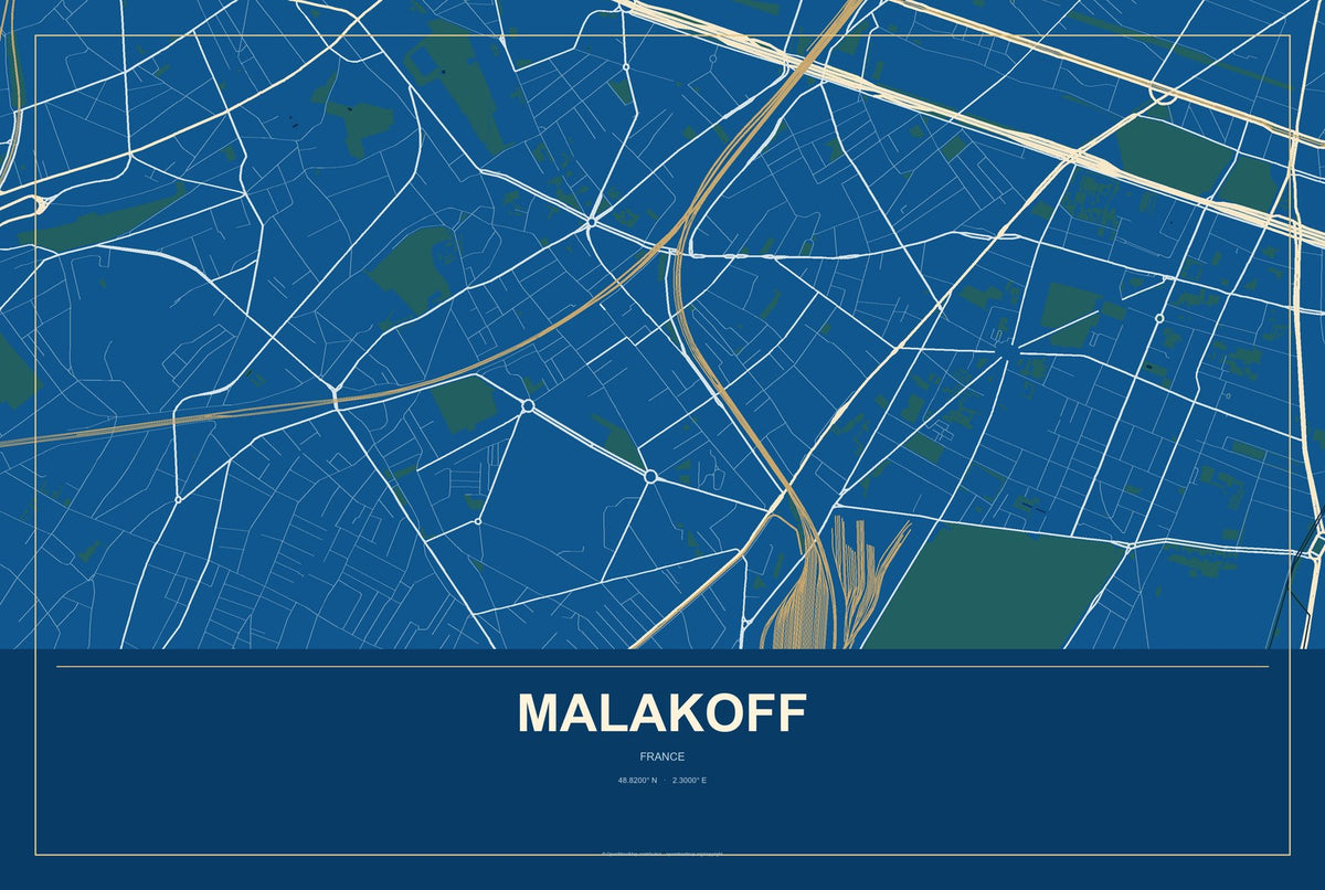 Malakoff, France City Map Aluminum Sign in Harbor Cobalt style