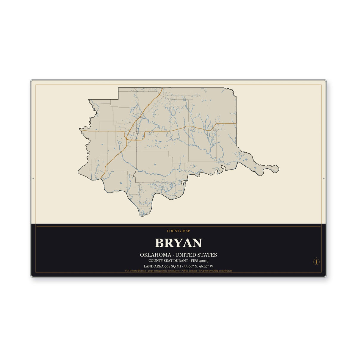 Bryan County, Oklahoma Map Aluminum Sign in Museum Plaque style
