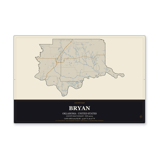 Bryan County, Oklahoma Map Aluminum Sign in Museum Plaque style