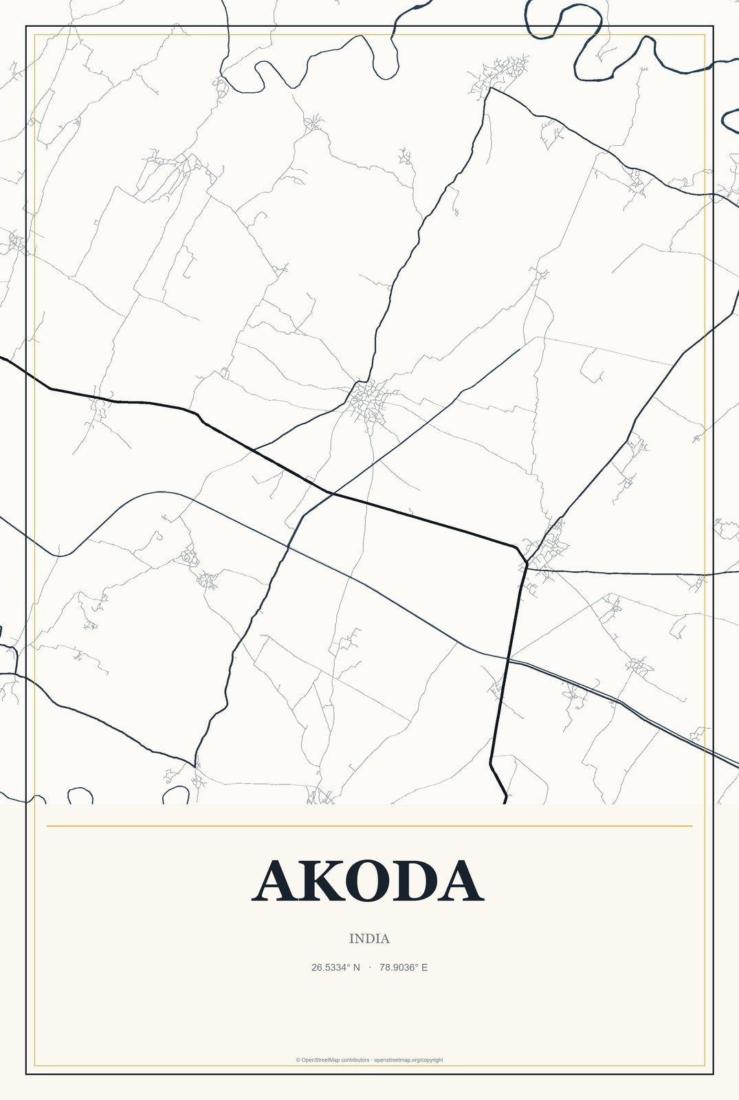 Akoda, India City Map Aluminum Sign in Citrine Modern style