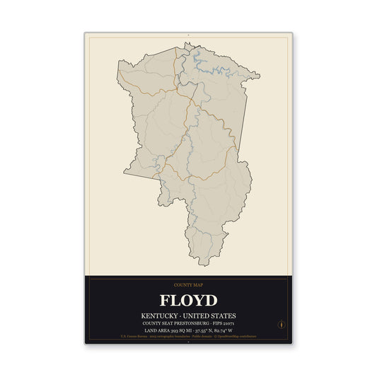 Floyd County, Kentucky Map Aluminum Sign in Museum Plaque style