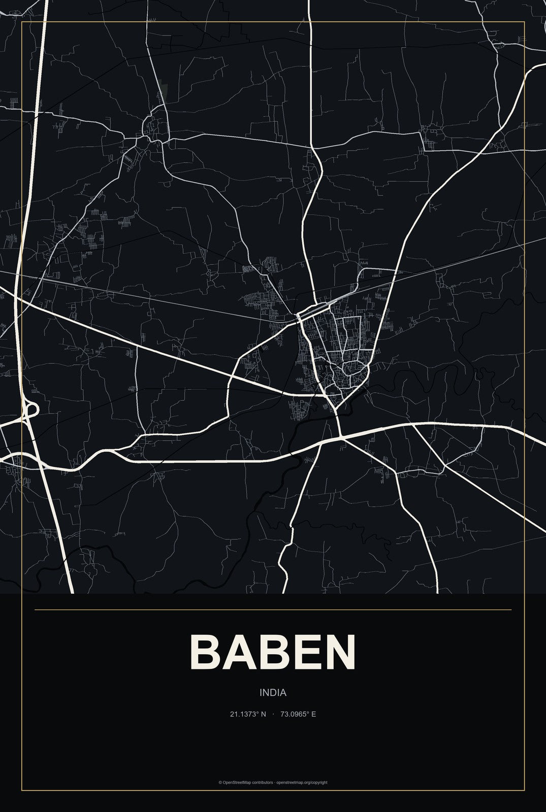 Baben, India City Map Aluminum Sign in Metropolitan Noir style