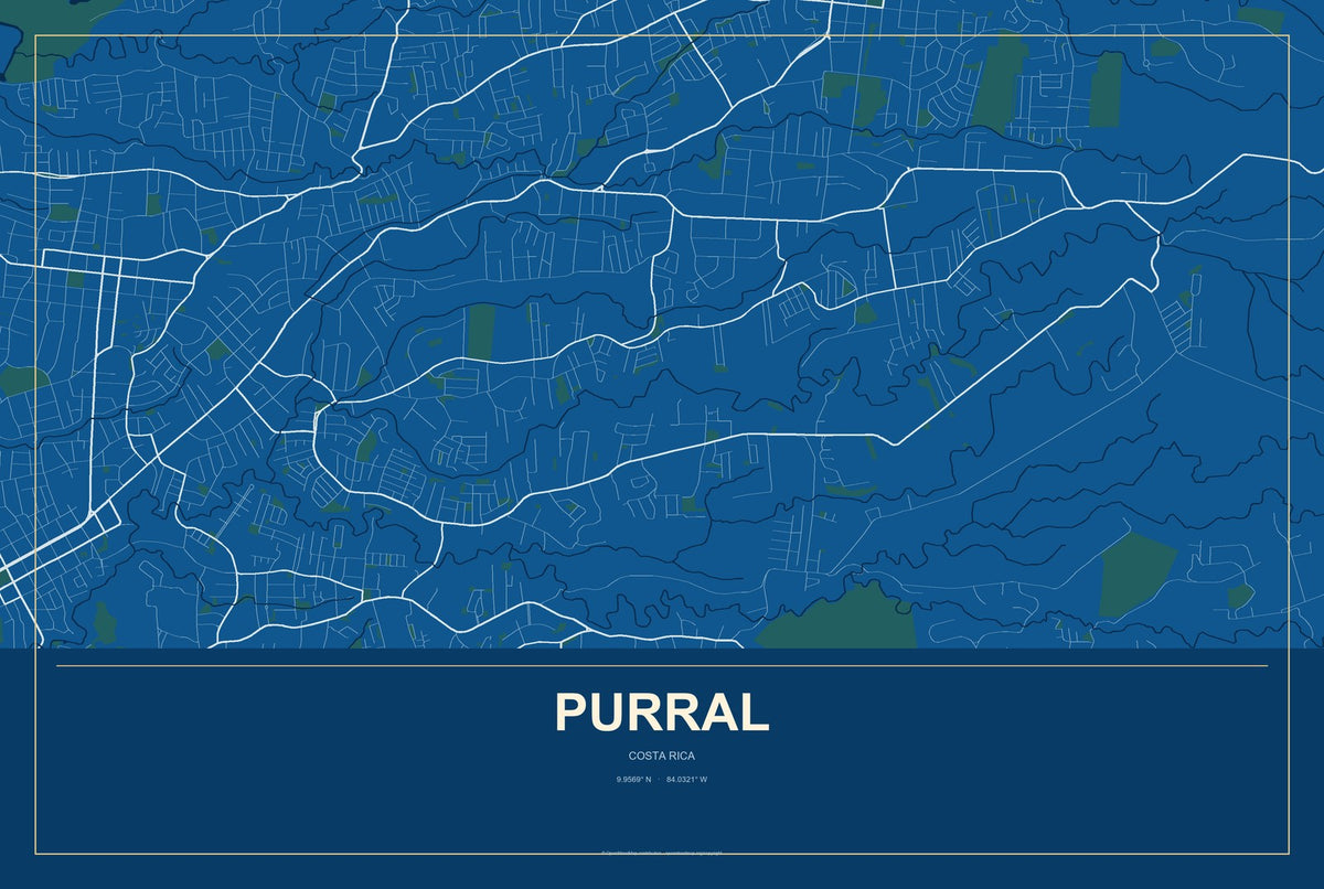 Purral, Costa Rica City Map Aluminum Sign in Harbor Cobalt style