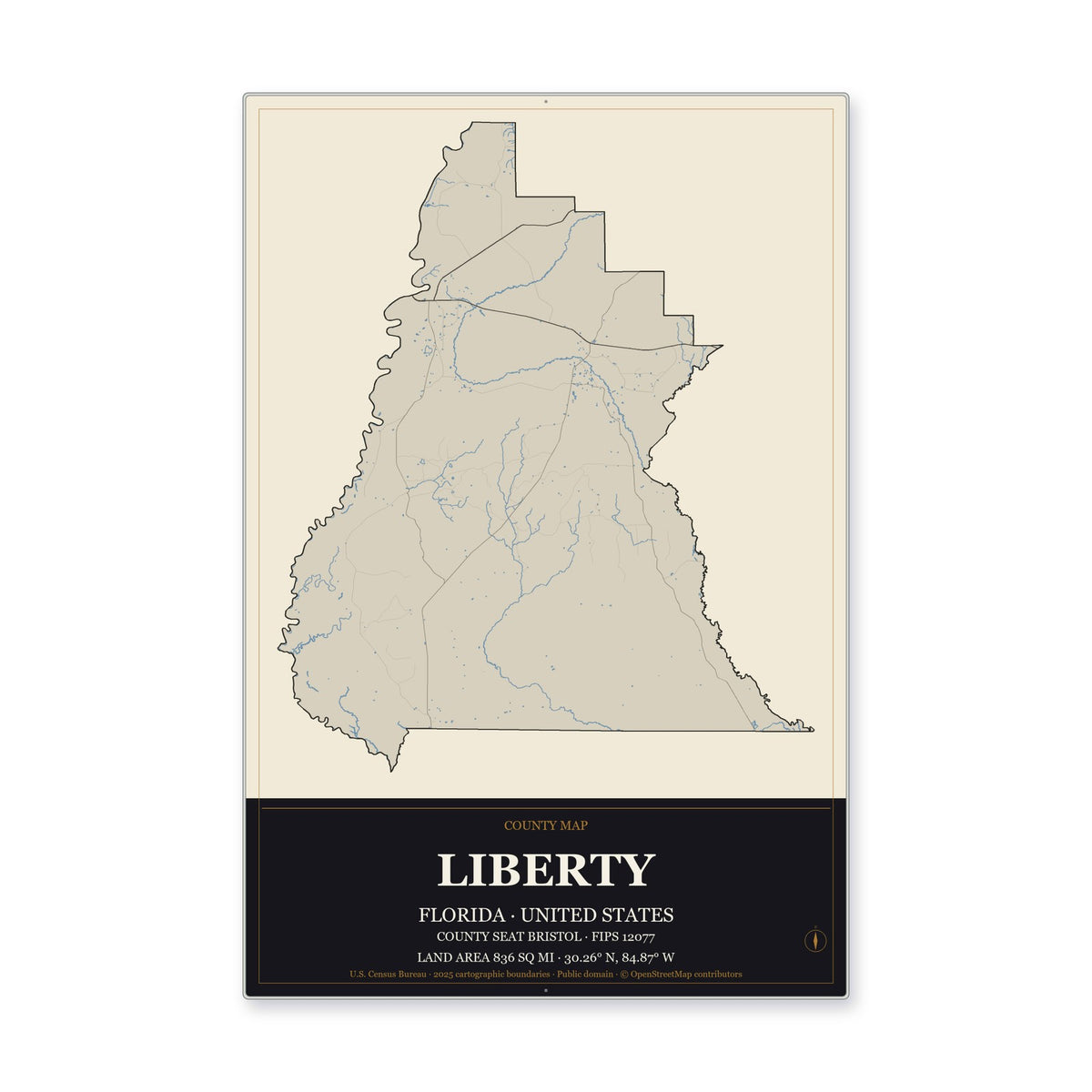 Liberty County, Florida Map Aluminum Sign in Museum Plaque style