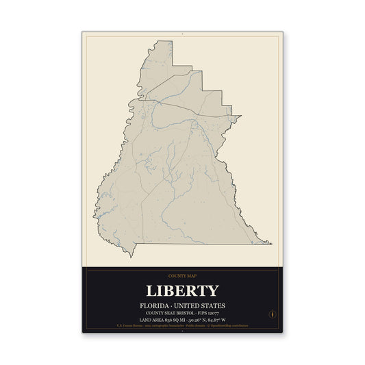 Liberty County, Florida Map Aluminum Sign in Museum Plaque style