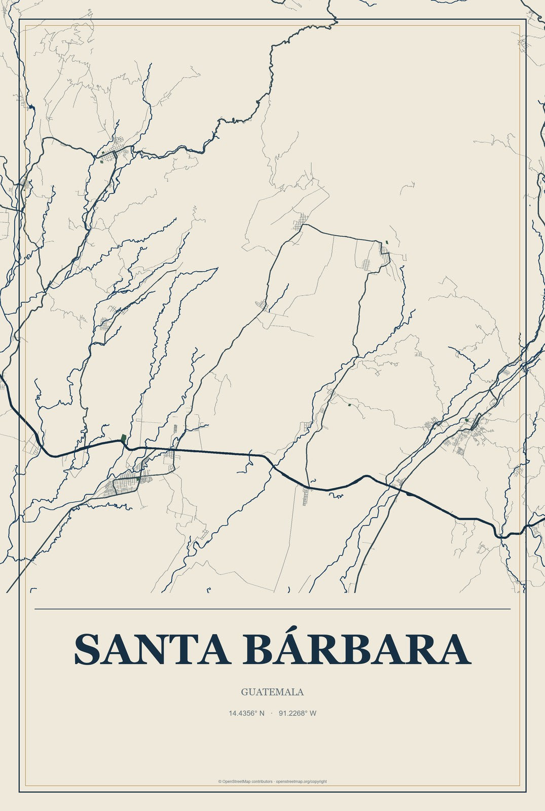 Santa Bárbara, Guatemala City Map Aluminum Sign in Coastal Cutout style