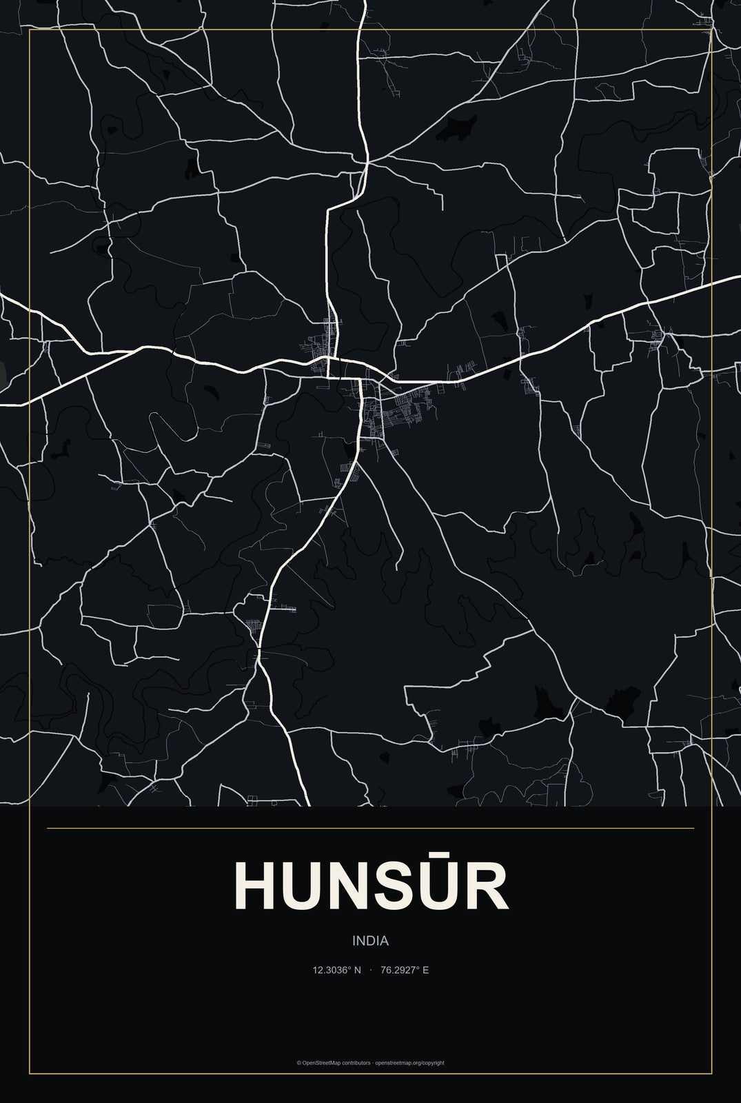 Hunsūr, India City Map Aluminum Sign in Metropolitan Noir style