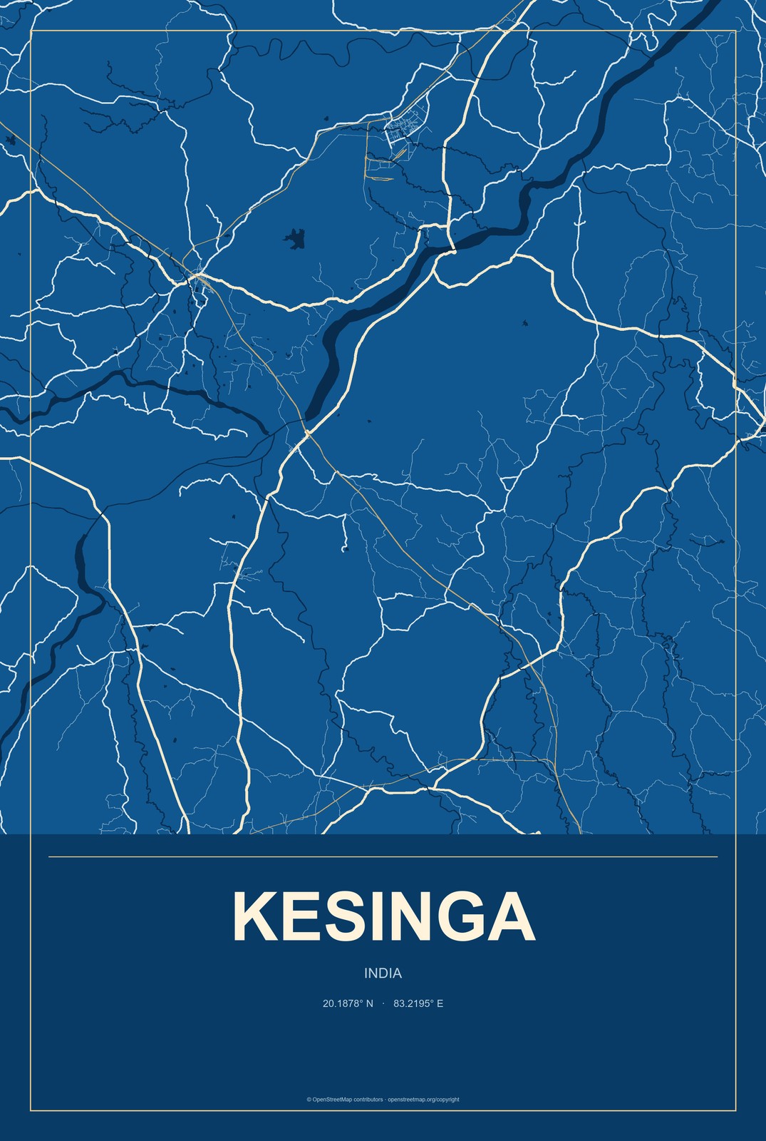 Kesinga, India City Map Aluminum Sign in Harbor Cobalt style