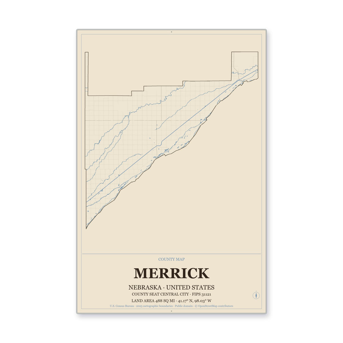 Merrick County, Nebraska Map Aluminum Sign in Heritage Nautical style