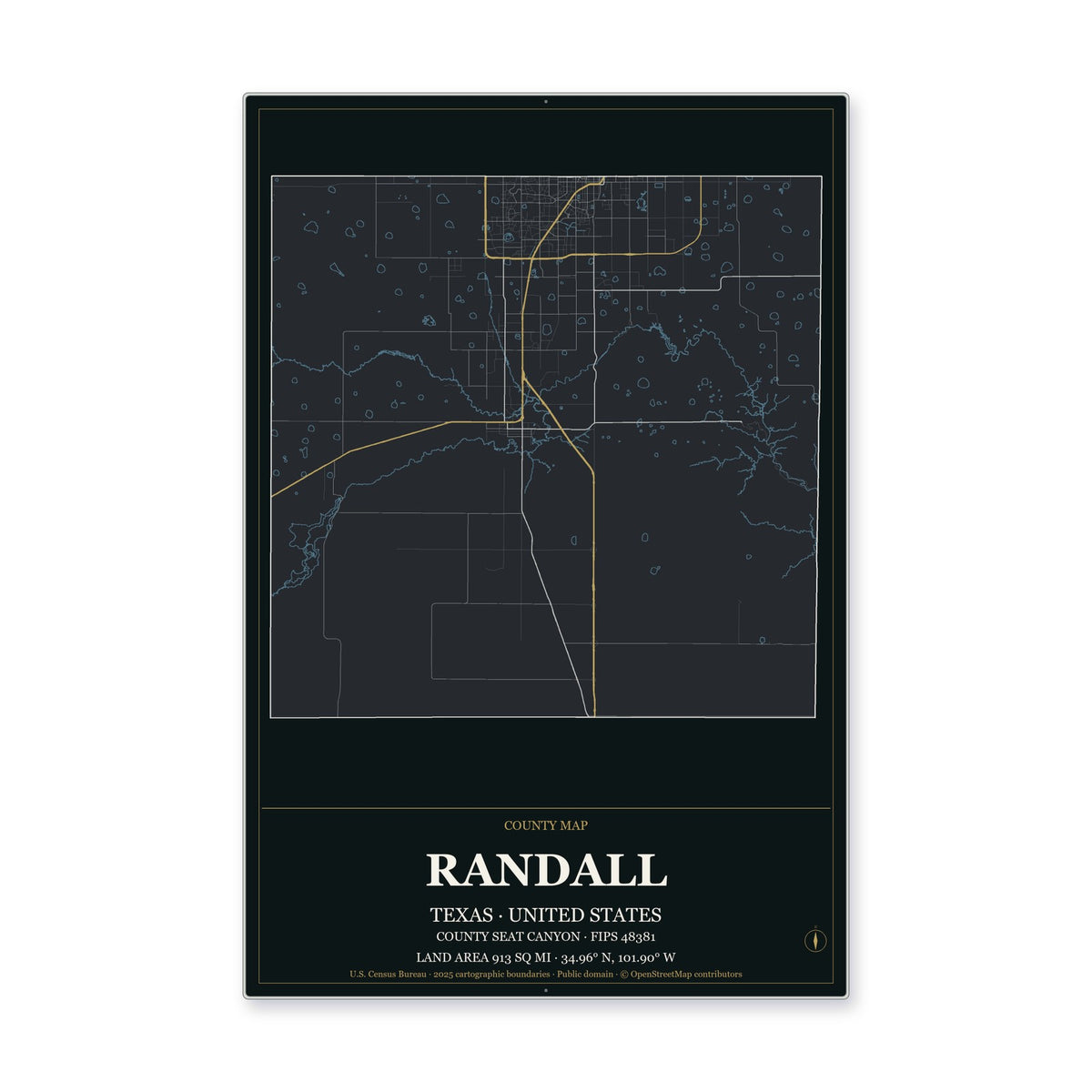 Randall County, Texas Map Aluminum Sign in Metropolitan Noir style