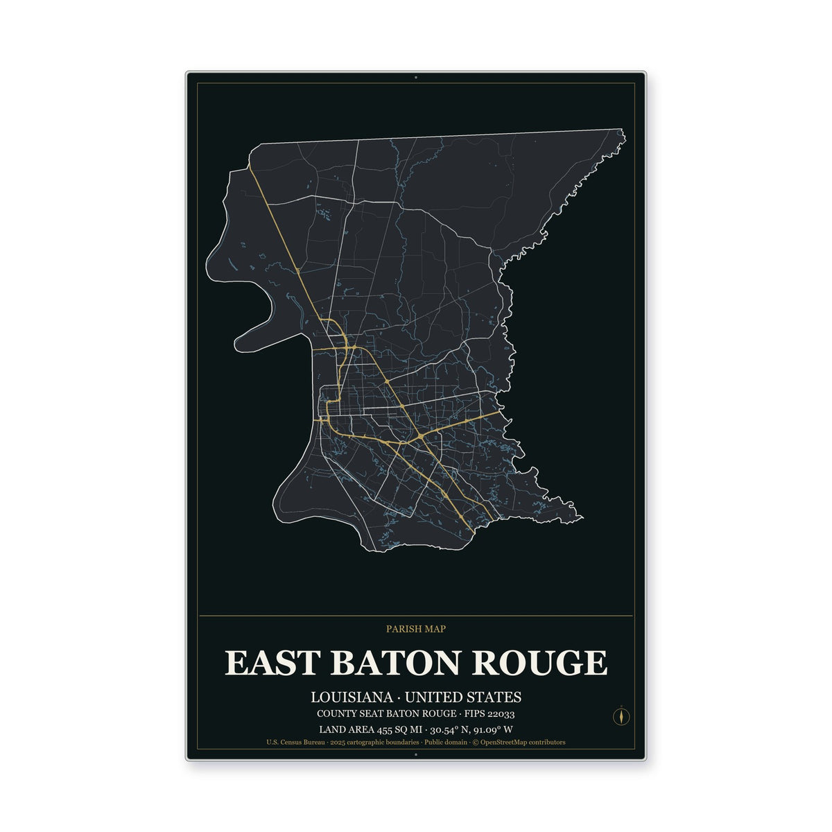 East Baton Rouge Parish, Louisiana Map Aluminum Sign in Metropolitan Noir style