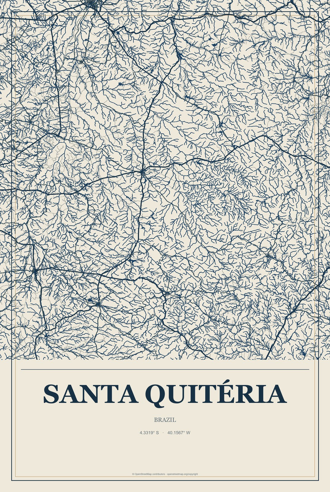 Santa Quitéria, Brazil City Map Aluminum Sign in Coastal Cutout style