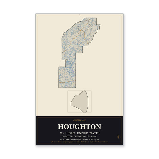 Houghton County, Michigan Map Aluminum Sign in Museum Plaque style
