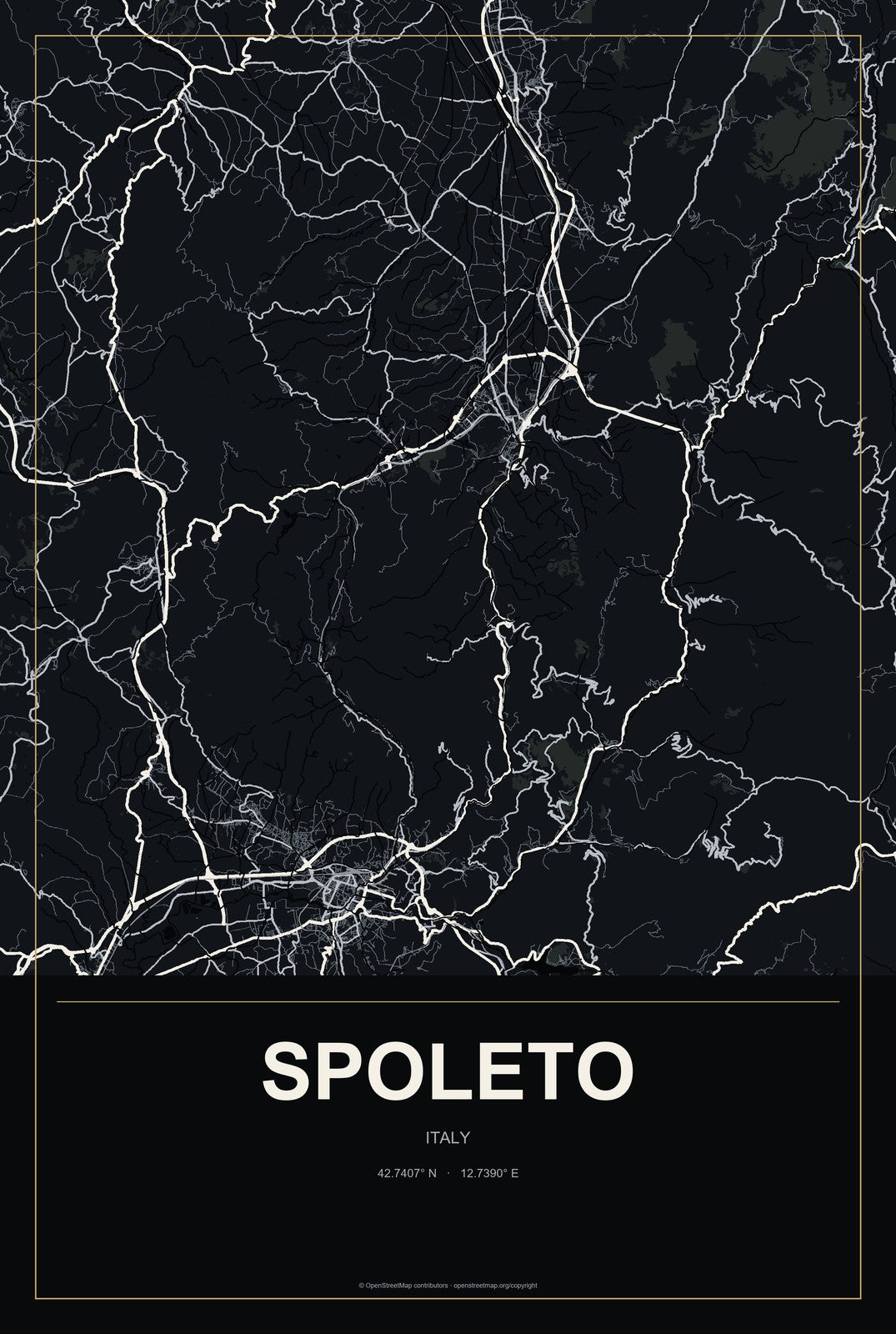 Spoleto, Italy City Map Aluminum Sign in Metropolitan Noir style