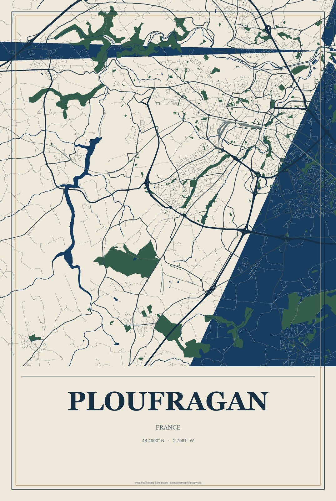 Ploufragan, France City Map Aluminum Sign in Coastal Cutout style