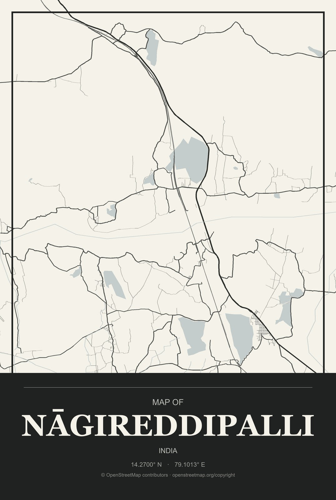 Nāgireddipalli, India City Map Aluminum Sign in Museum Plaque style
