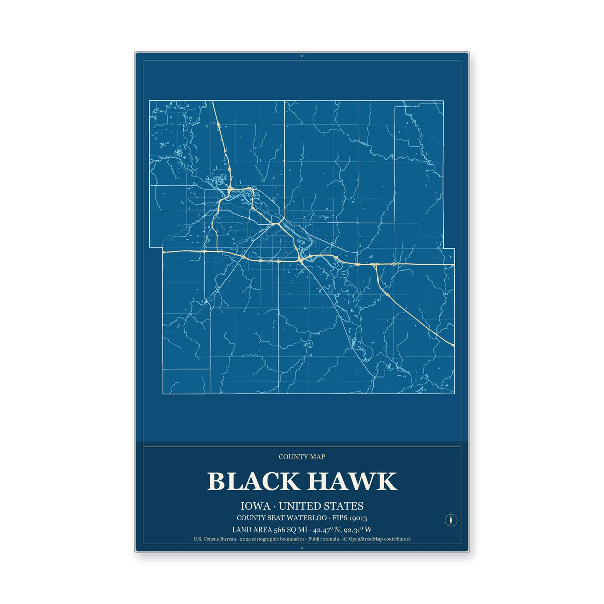 Black Hawk County, Iowa Map Aluminum Sign in Harbor Cobalt style