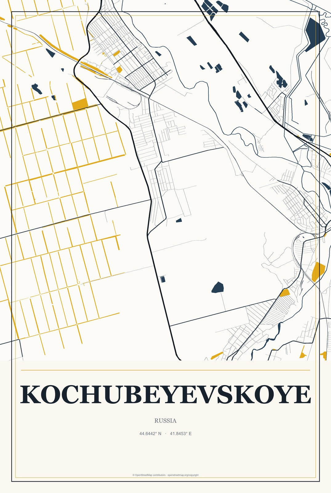 Kochubeyevskoye, Russia City Map Aluminum Sign in Citrine Modern style