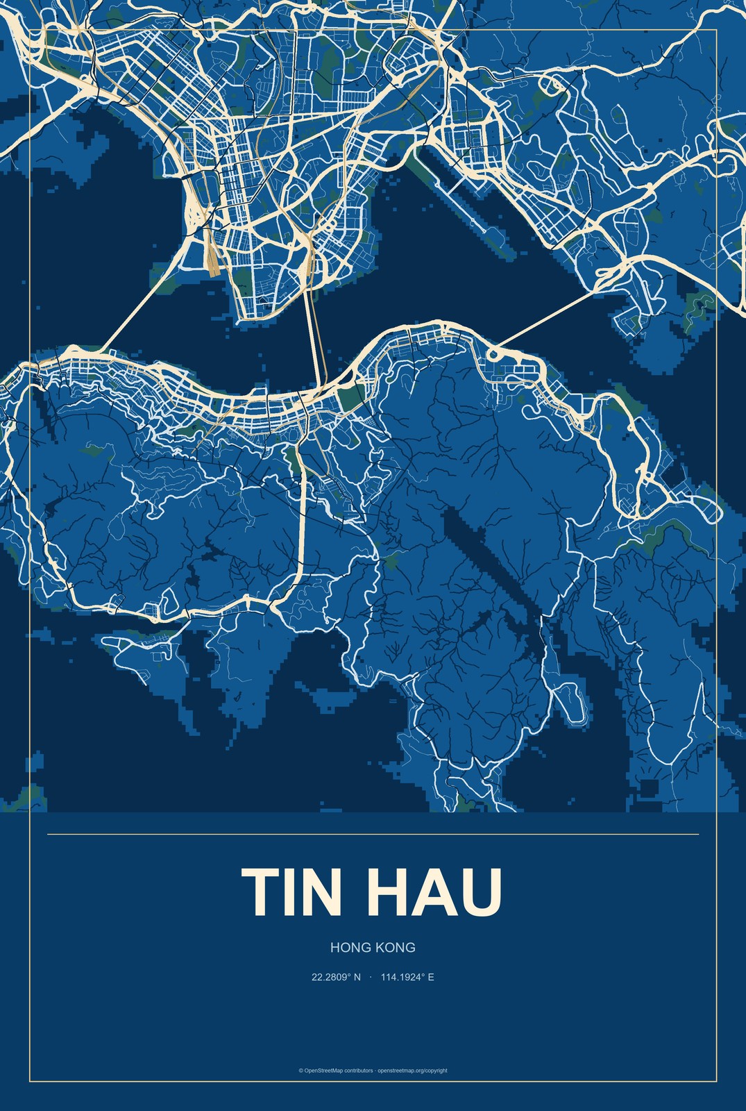 Tin Hau, Hong Kong City Map Aluminum Sign in Harbor Cobalt style
