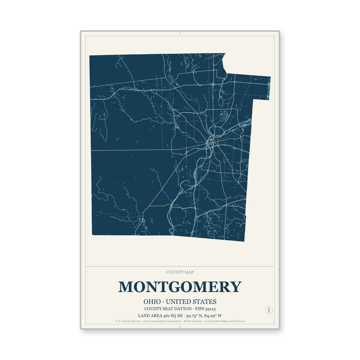 Montgomery County, Ohio Map Aluminum Sign in Coastal Cutout style