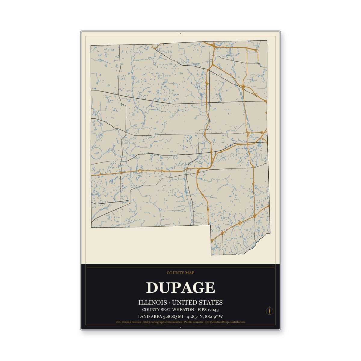 DuPage County, Illinois Map Aluminum Sign in Museum Plaque style