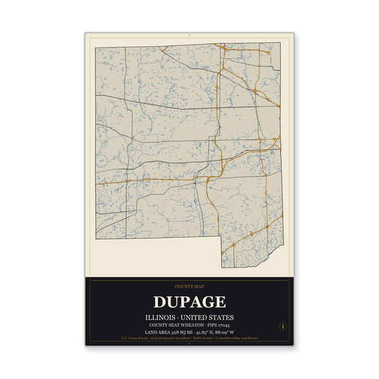 DuPage County, Illinois Map Aluminum Sign in Museum Plaque style