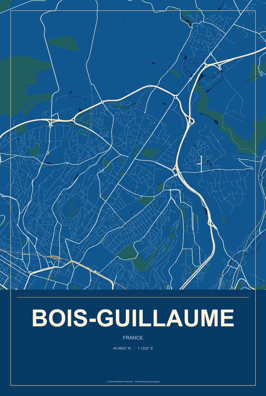 Bois-Guillaume, France City Map Aluminum Sign in Harbor Cobalt style