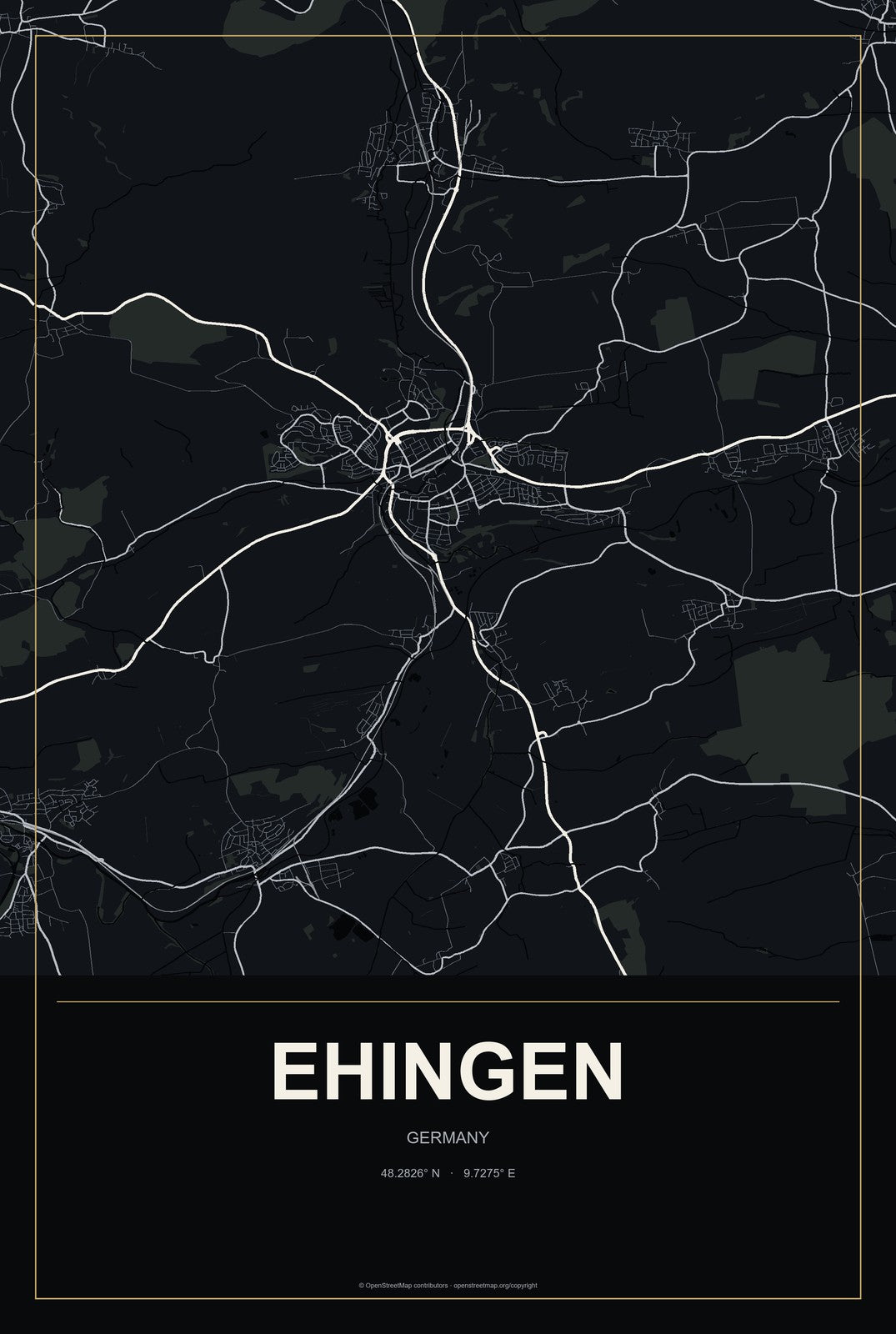 Ehingen, Germany City Map Aluminum Sign in Metropolitan Noir style